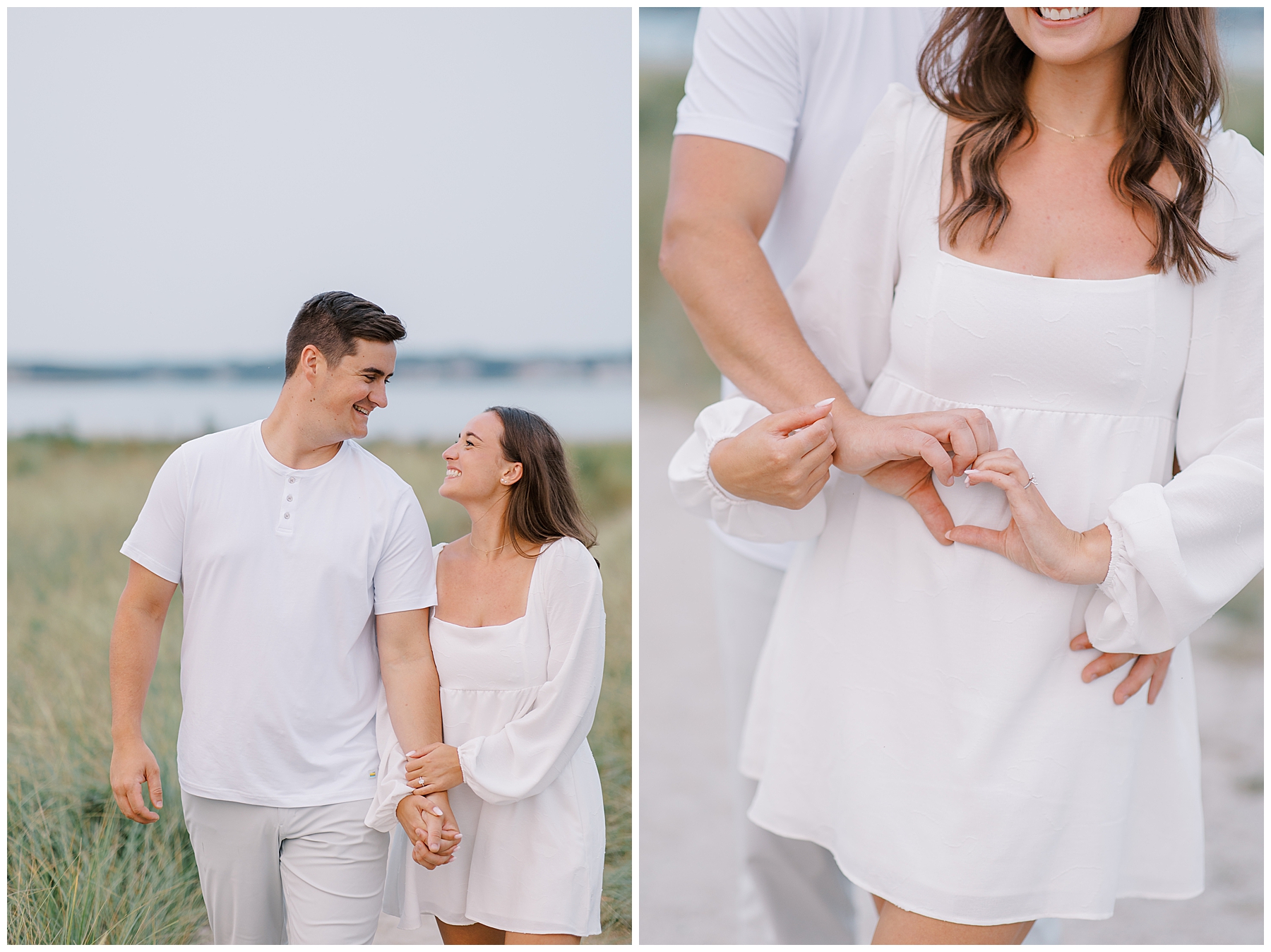 couple walk together during engagement session 
