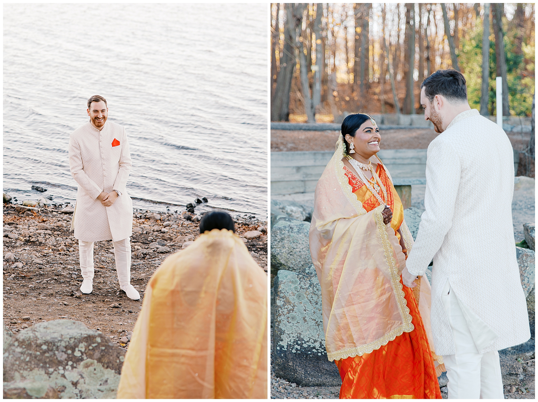 bride and groom share private moment together during first look by that water in MA
