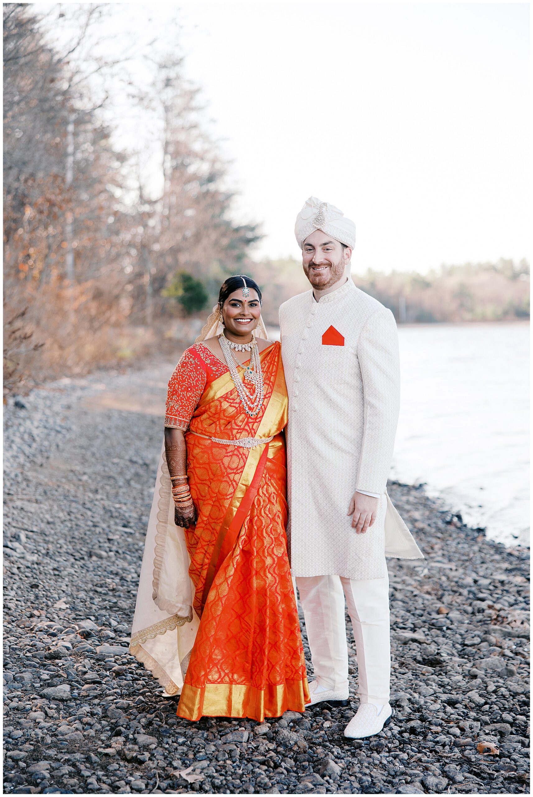 bride and groom portraits by the water