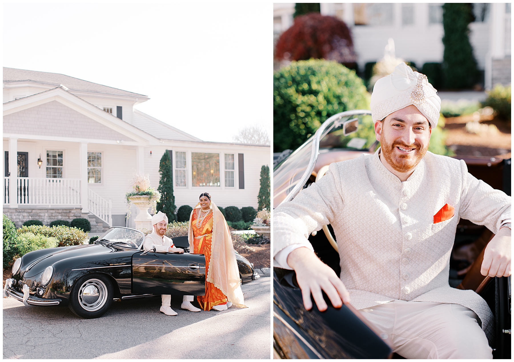 groom sits in Porsche with bride standing near car