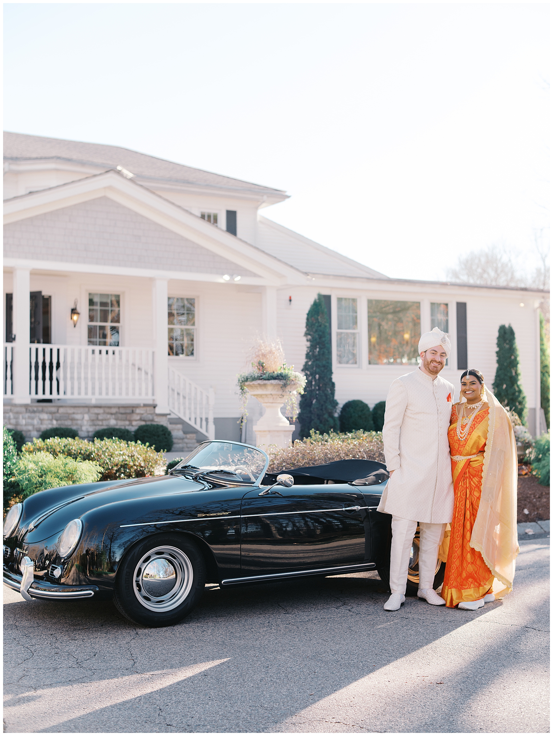 bride and groom portraits by classic car