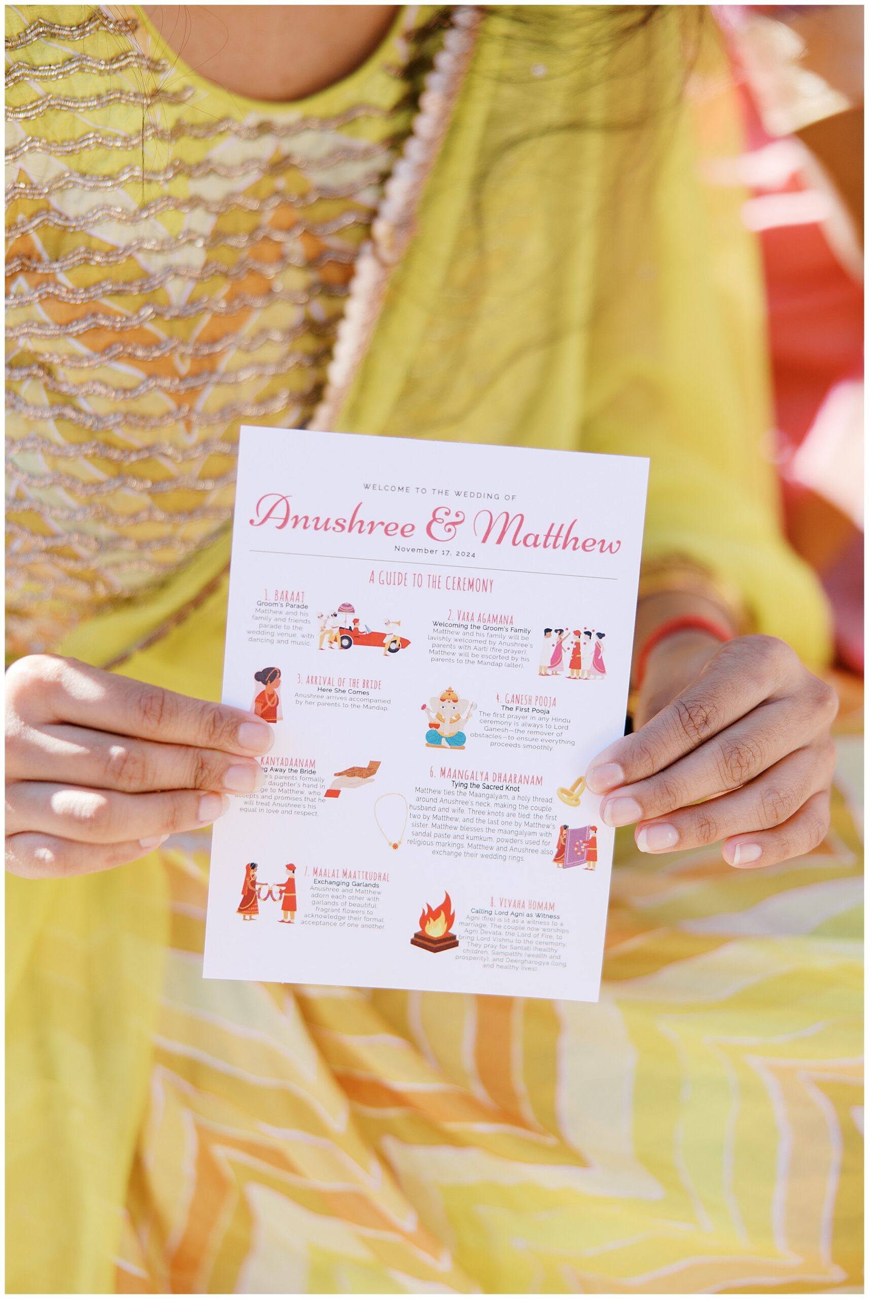 wedding program with details of South Indian wedding traditions and meanings