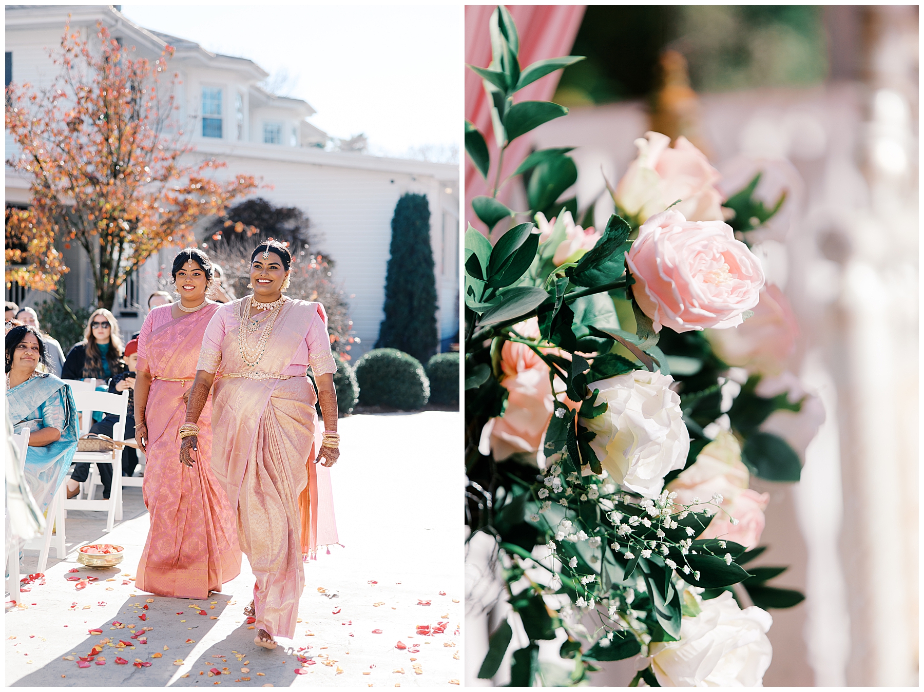 bride walking to ceremony in light pink saree