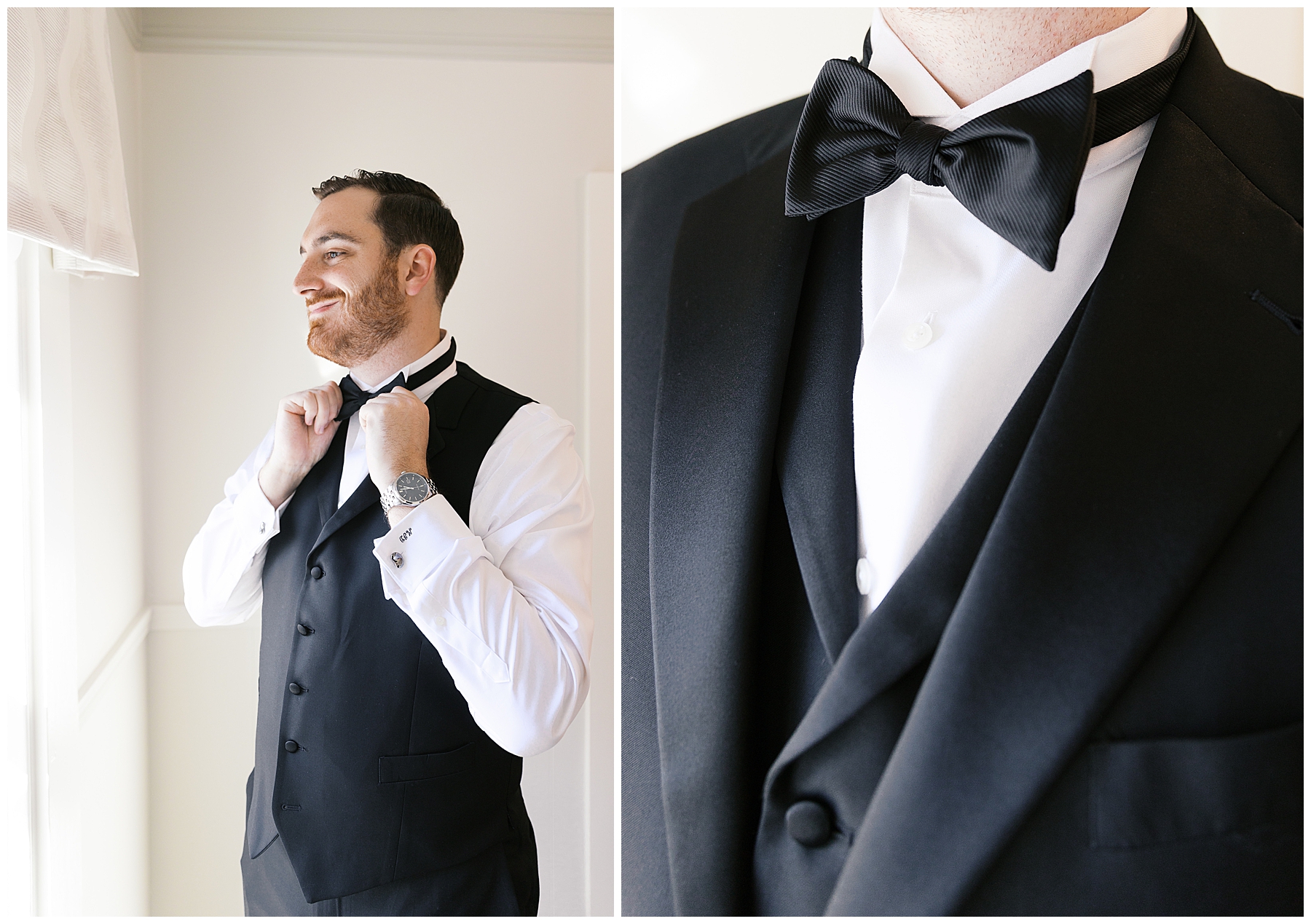 groom getting ready in tux