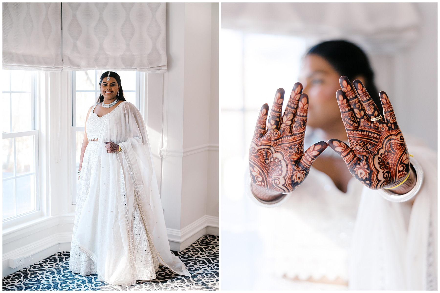 Bride in white and silver saree with tattoos on hands