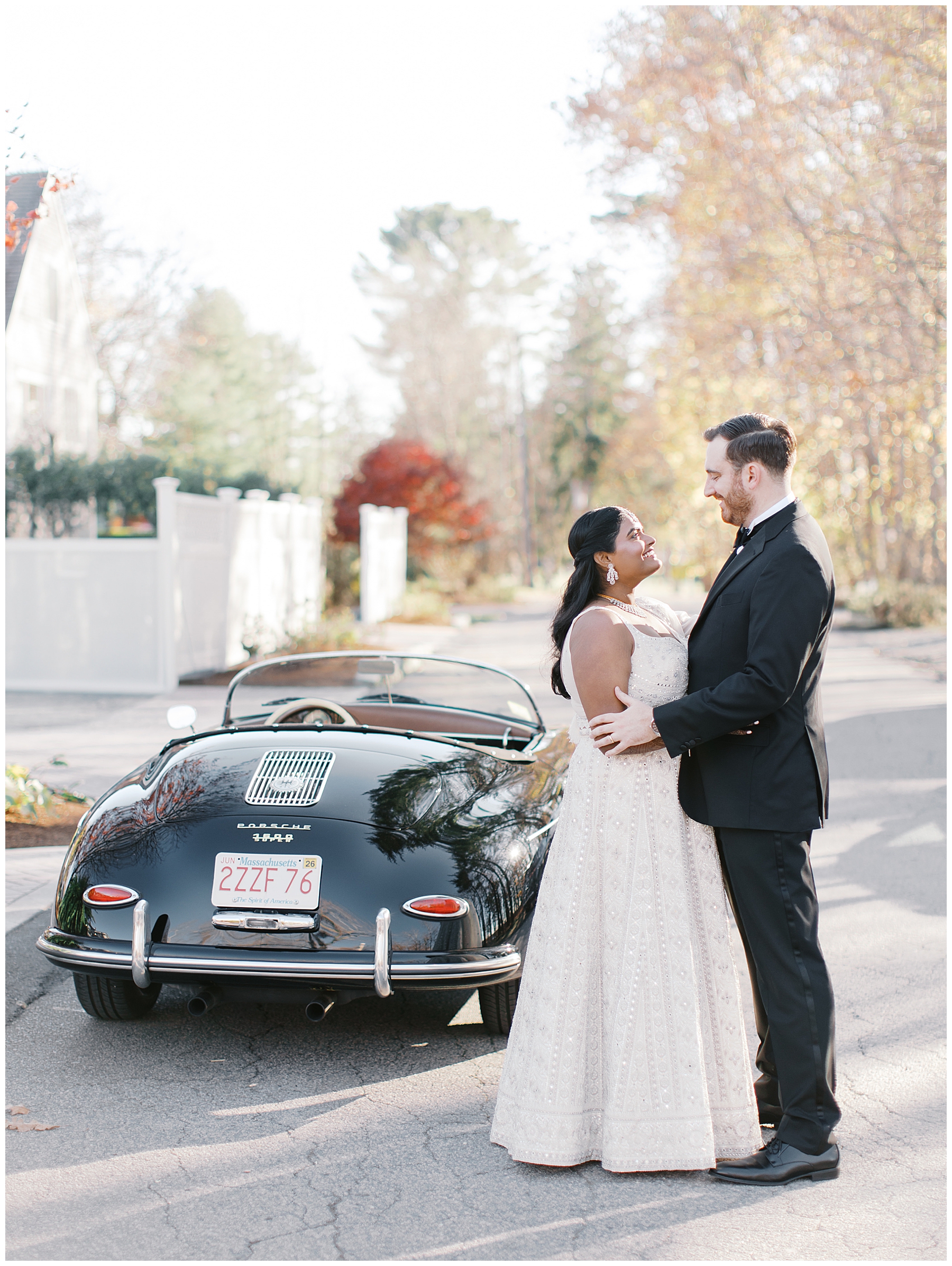 bride and groom portraits by classic car