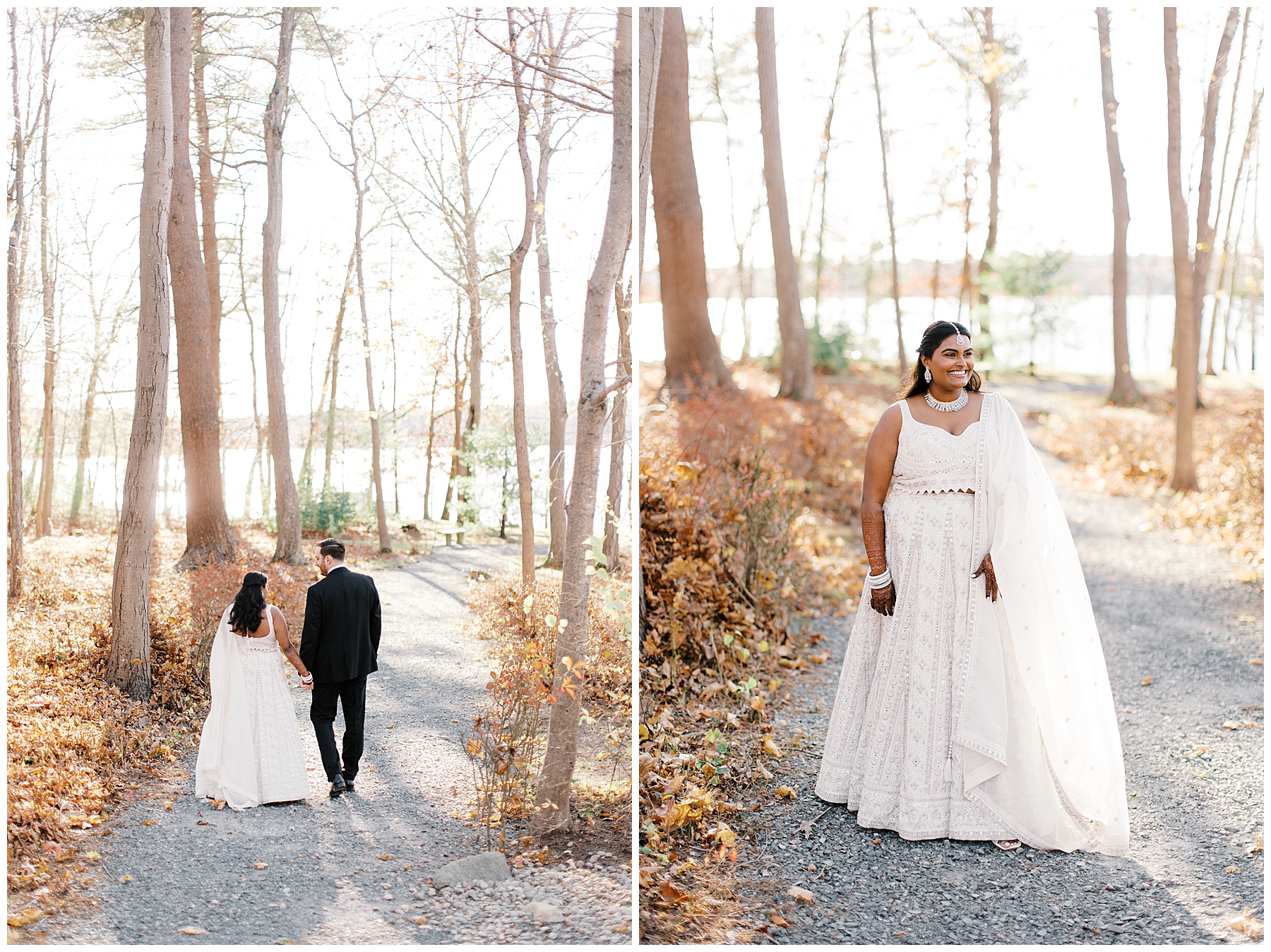 bride and groom on path in nature