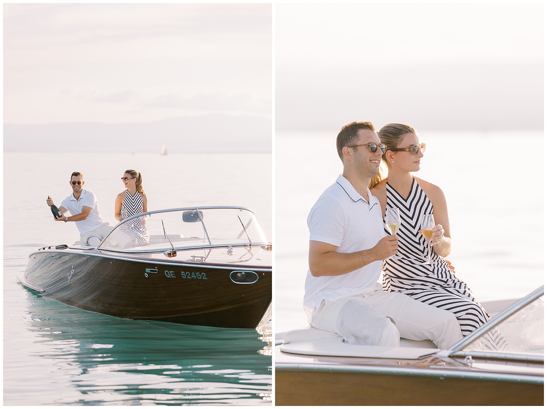 couple open a bottle of champagne on boat