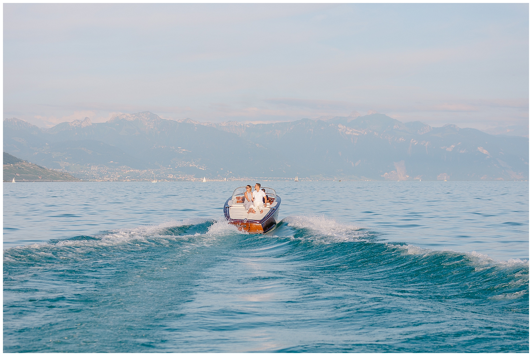 Romantic Boat Session on Lake Geneva in Lausanne, Switzerland with views of the Swiss and French Alps