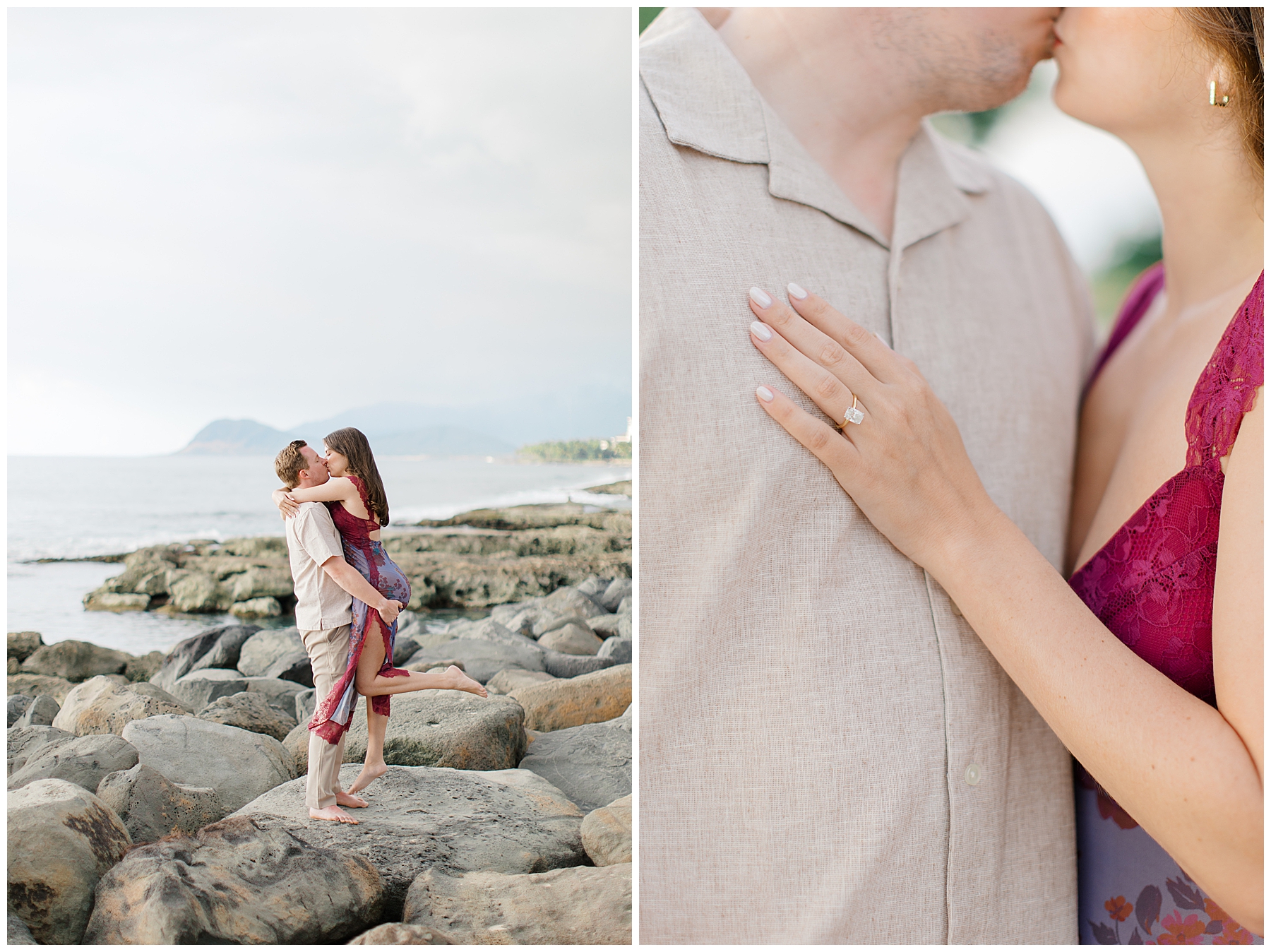 Engaged couple kiss on rocks on Hawaiian beach