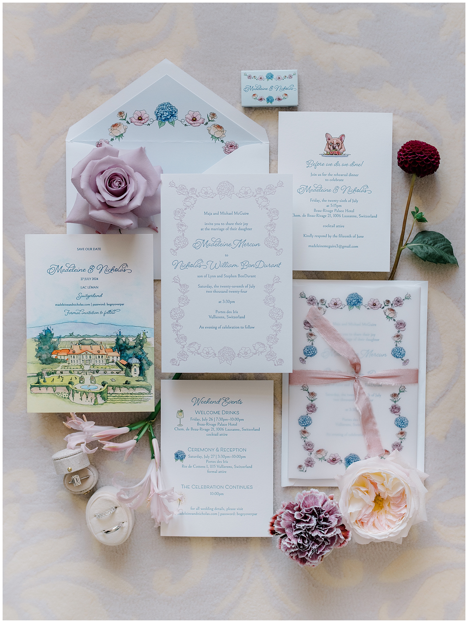 elegant wedding invitations and flat lay from Luxury Garden Wedding at Porte de Iris in Switzerland