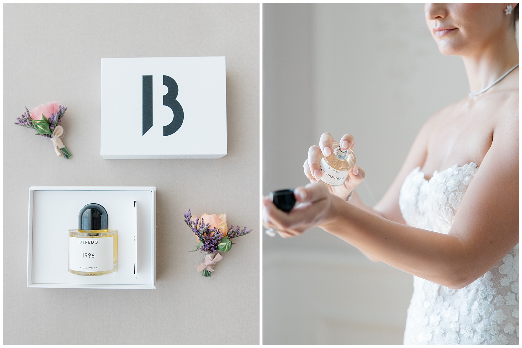 bride putting perfume on
