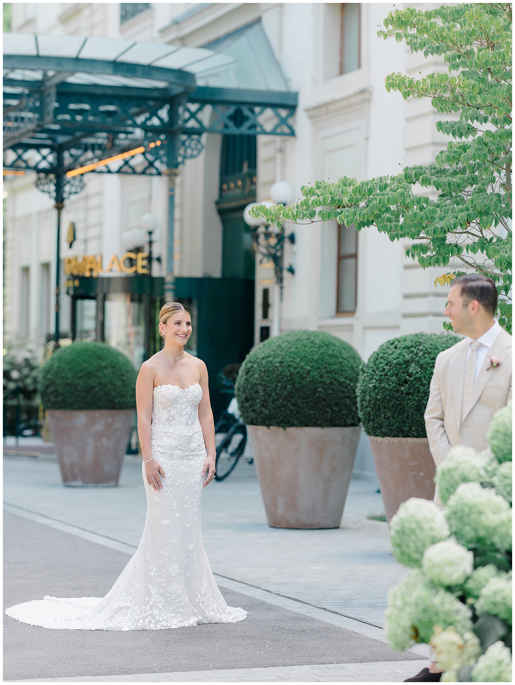 couple share first look outside of hotel