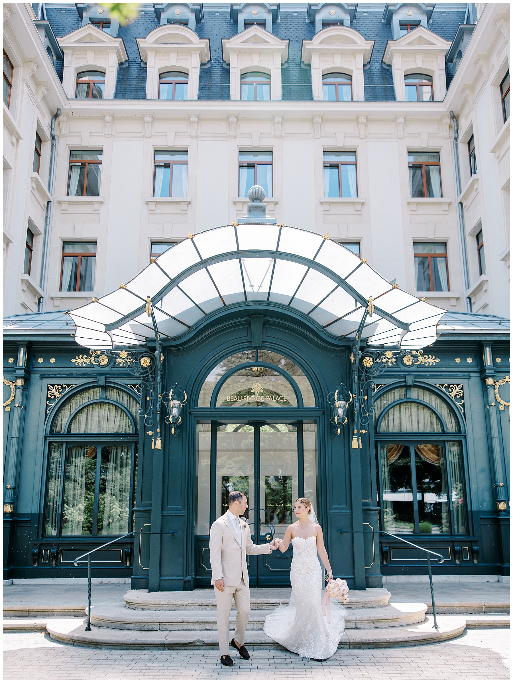 wedding photos outside of Beau-Rivage Palace in Switzerland