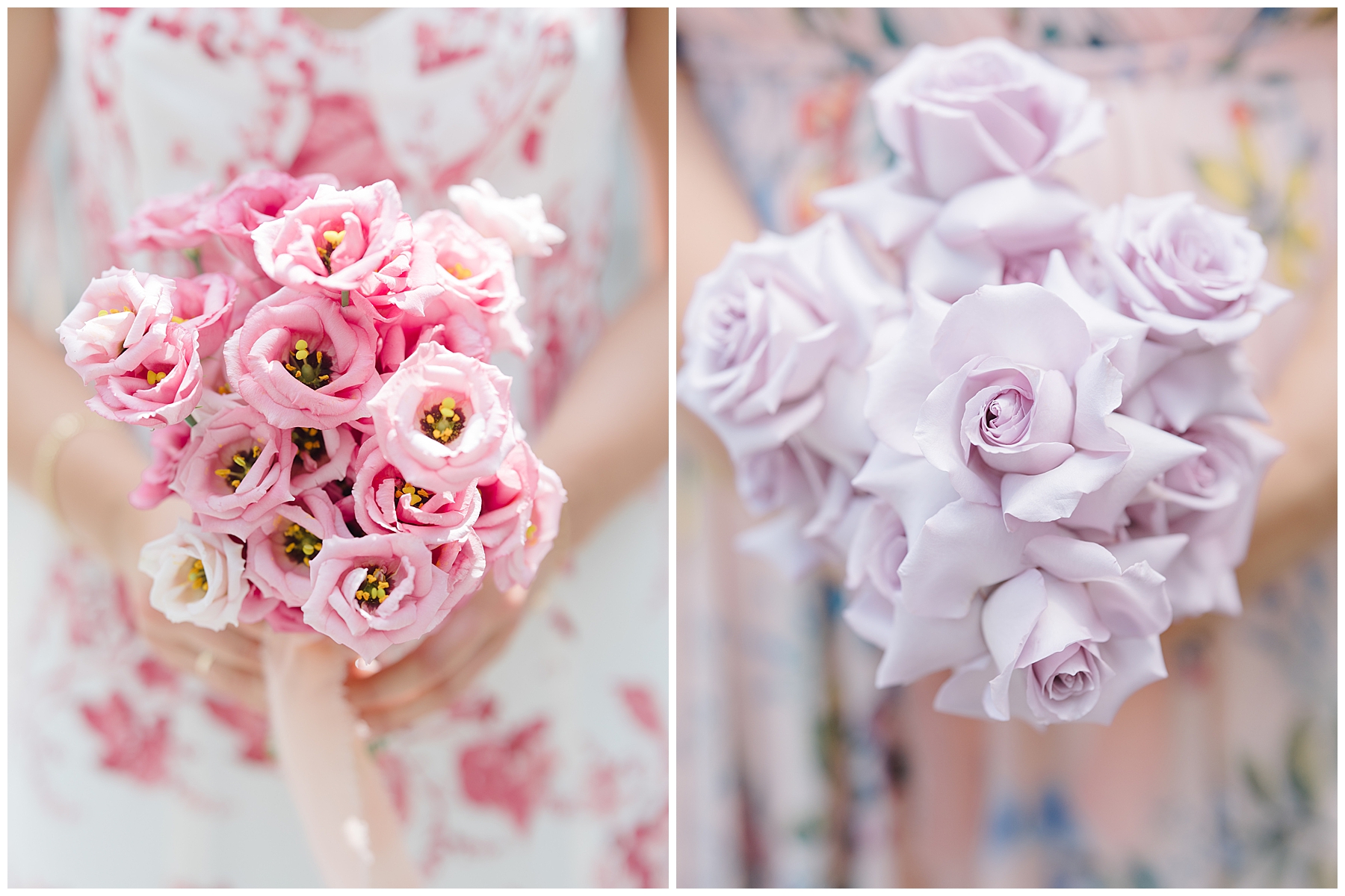 bridesmaids with pink and purple wedding bouquets that match their dresses