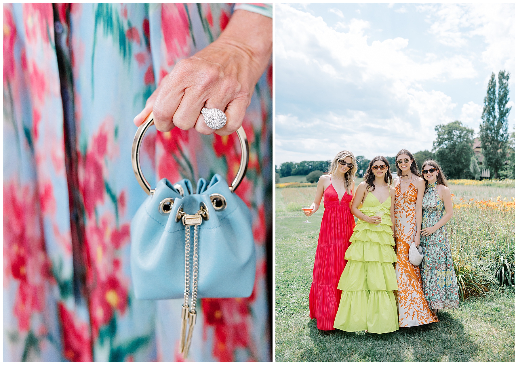wedding guests dressed for Luxury Garden Wedding at Porte de Iris in Switzerland