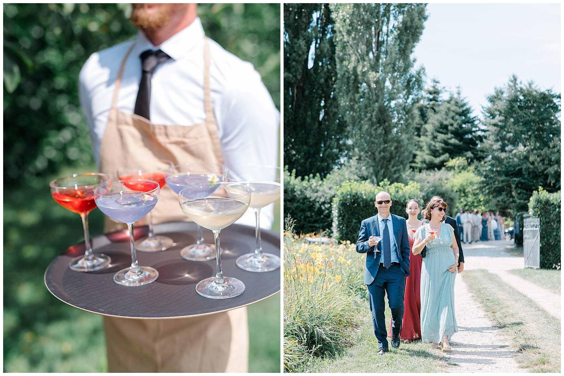 guests welcomed with a drink as they walk to ceremony in woods