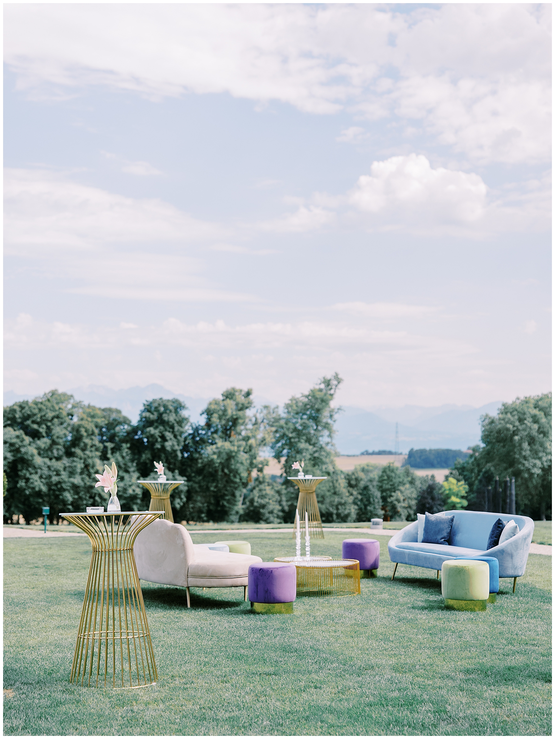 seating area at Luxury Garden Wedding at Porte de Iris in Switzerland