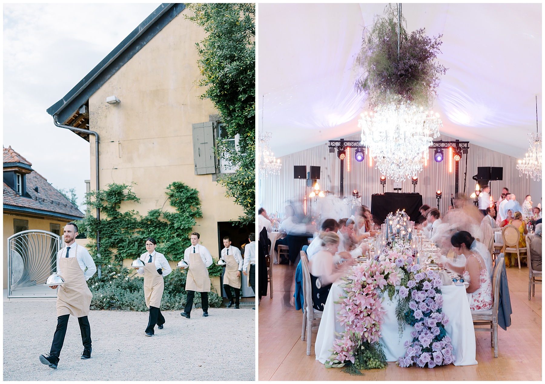 waiters serving dinner at Luxury Garden Wedding at Porte de Iris in Switzerland