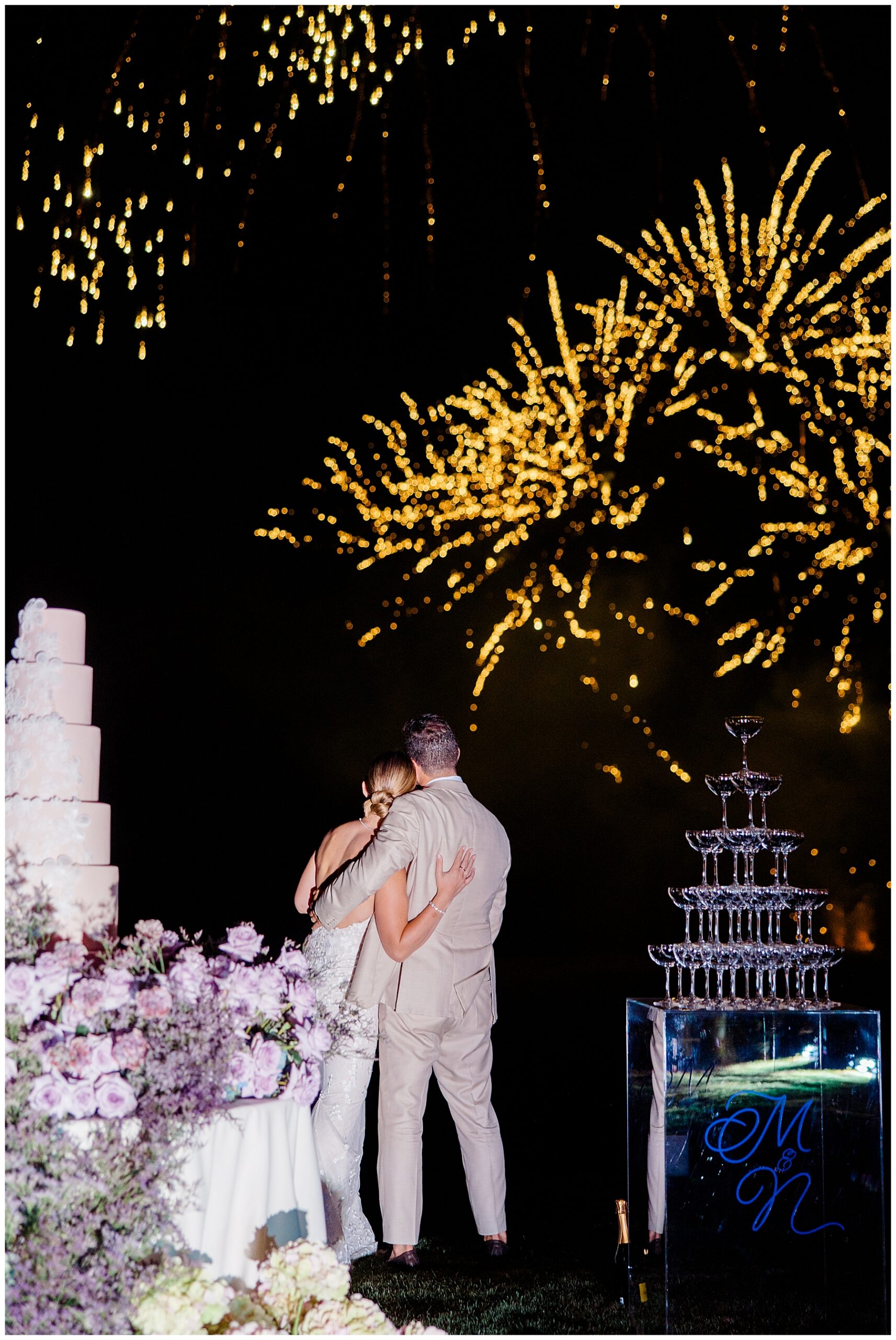 newlyweds watch firework display