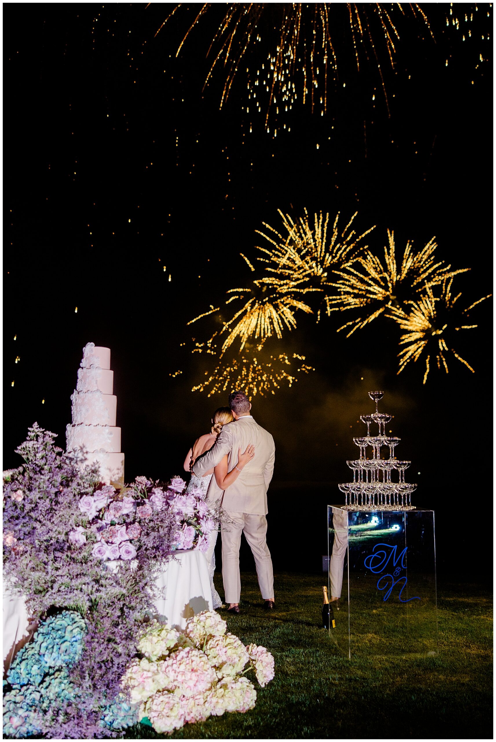 Surprise firework display at Luxury Garden Wedding at Porte de Iris in Switzerland