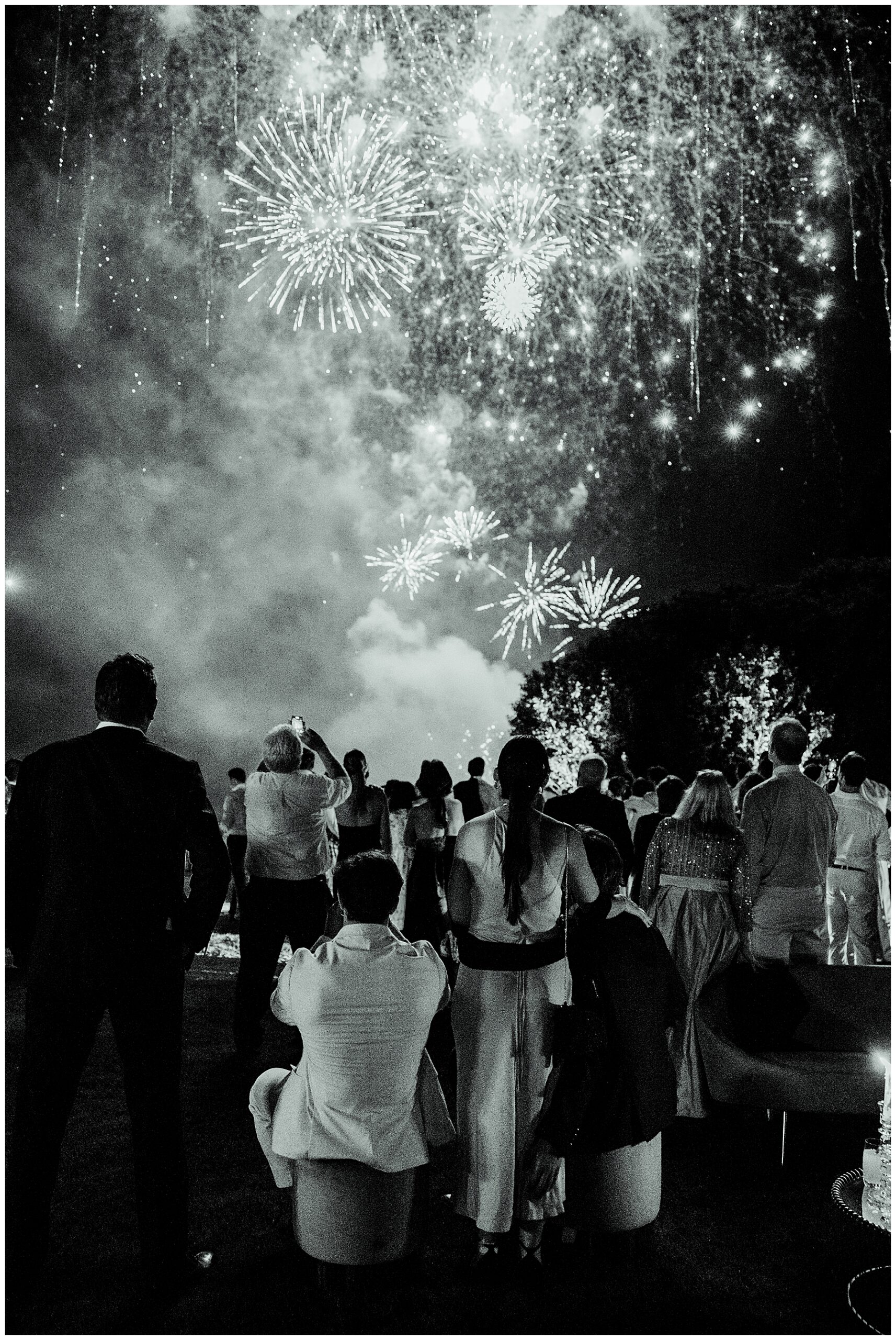 newlyweds and guests enjoy fireqorks