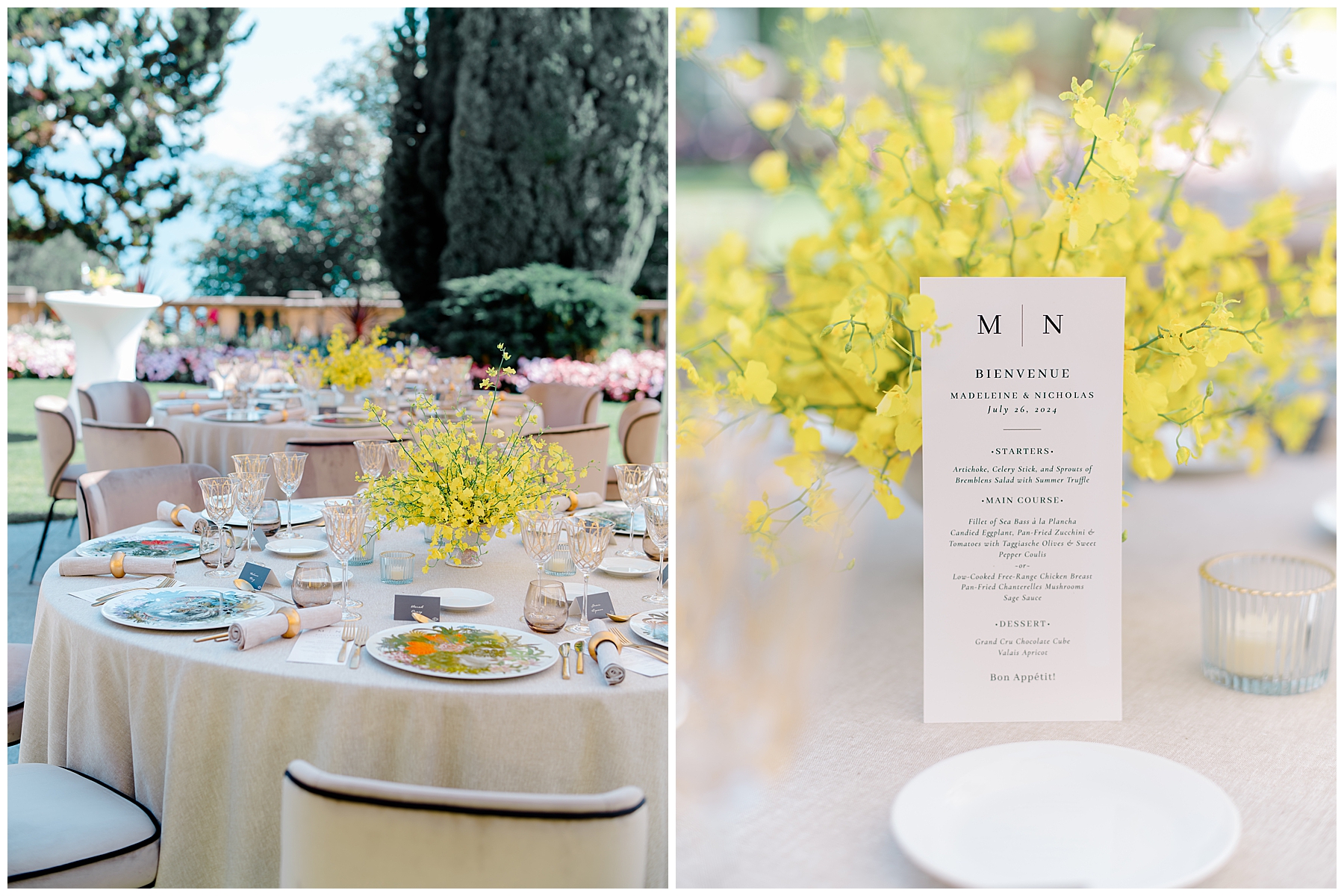 vibrant summer yellow flowers decorate tables at rehearsal dinner 