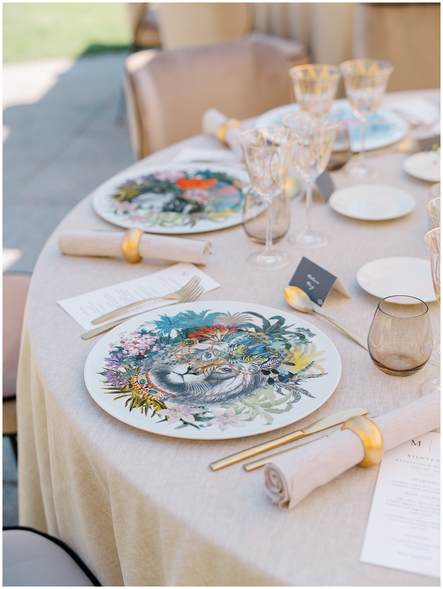 plates with intricate design at rehearsal dinner 