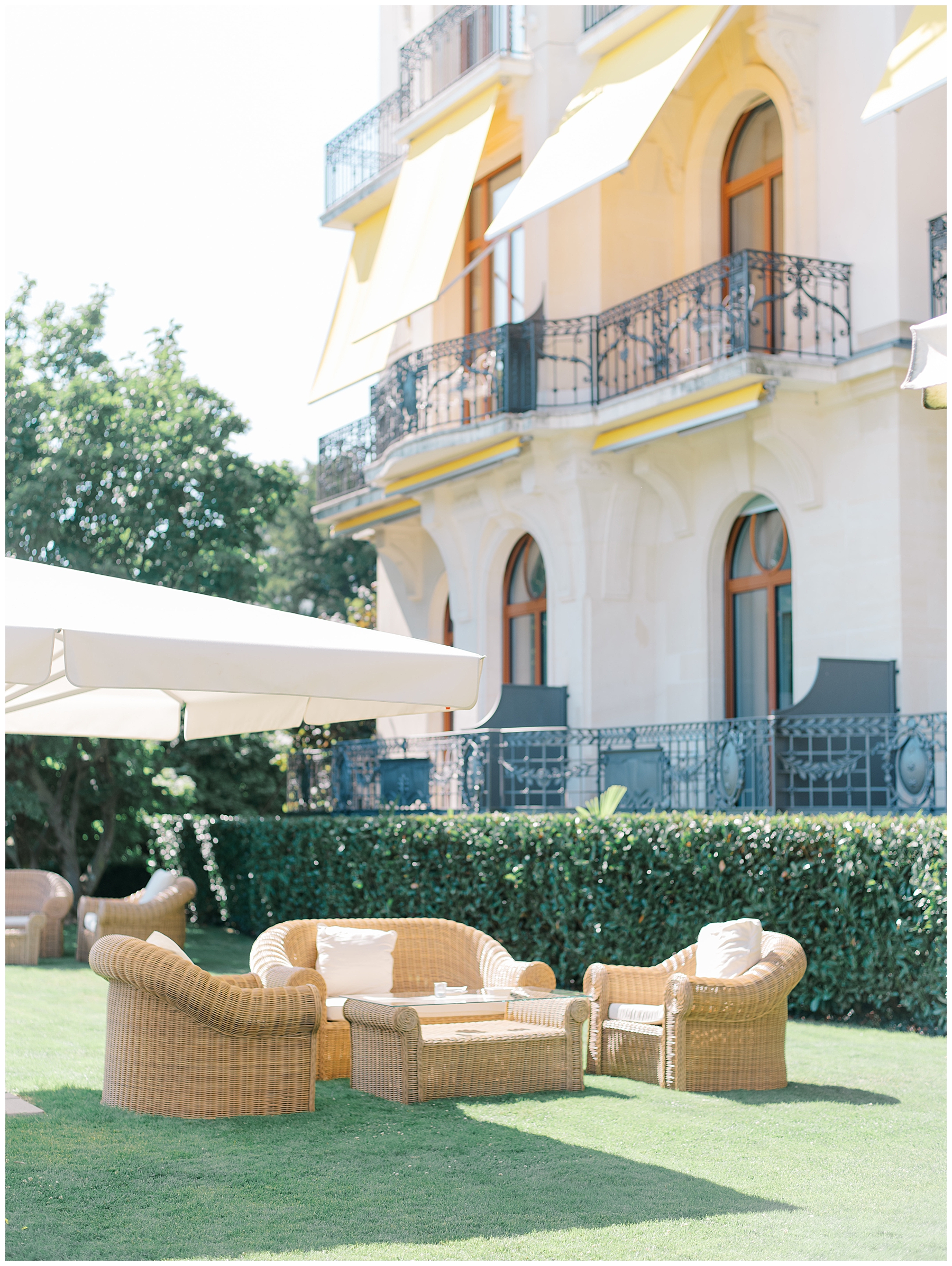 sitting area on lawn of Beau-Rivage Palace in Lausanne, Switzerland