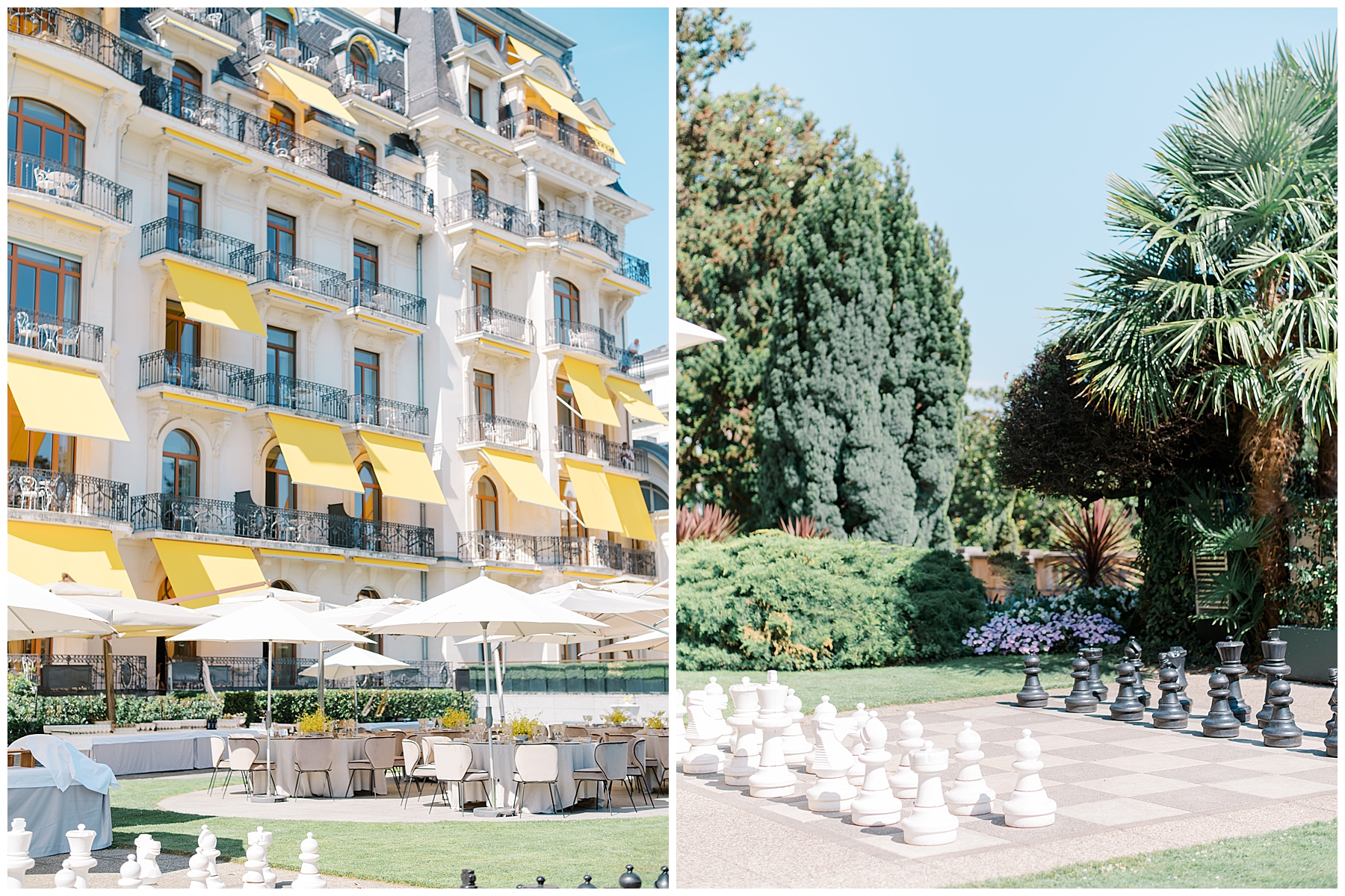 lawn chess and table set up for destination wedding welcome party in Switzerland 
