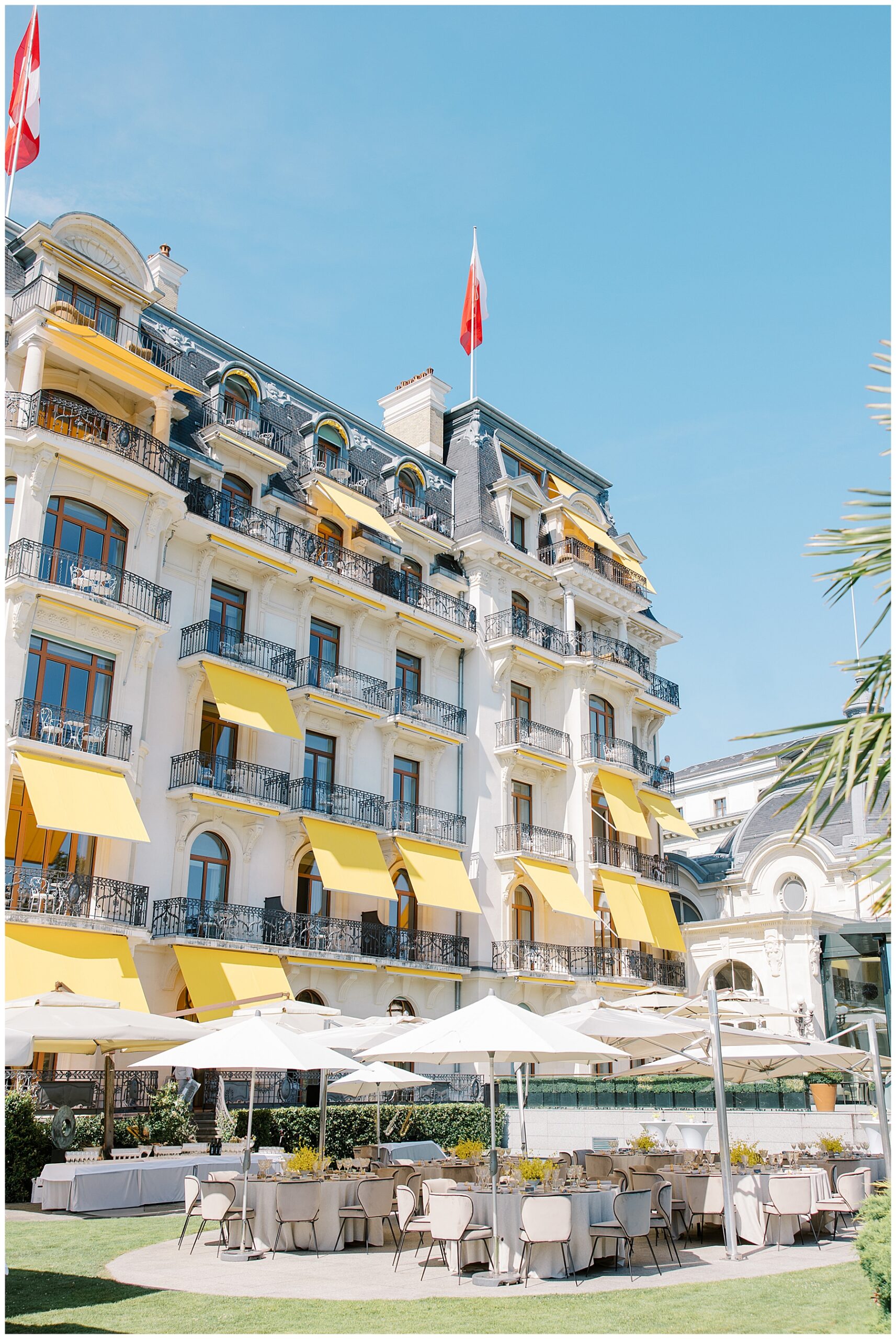 Luxury hotel, Beau-Rivage Palace, in Lausanne, Switzerland where couple hosted their wedding welcome party and rehearsal dinner 