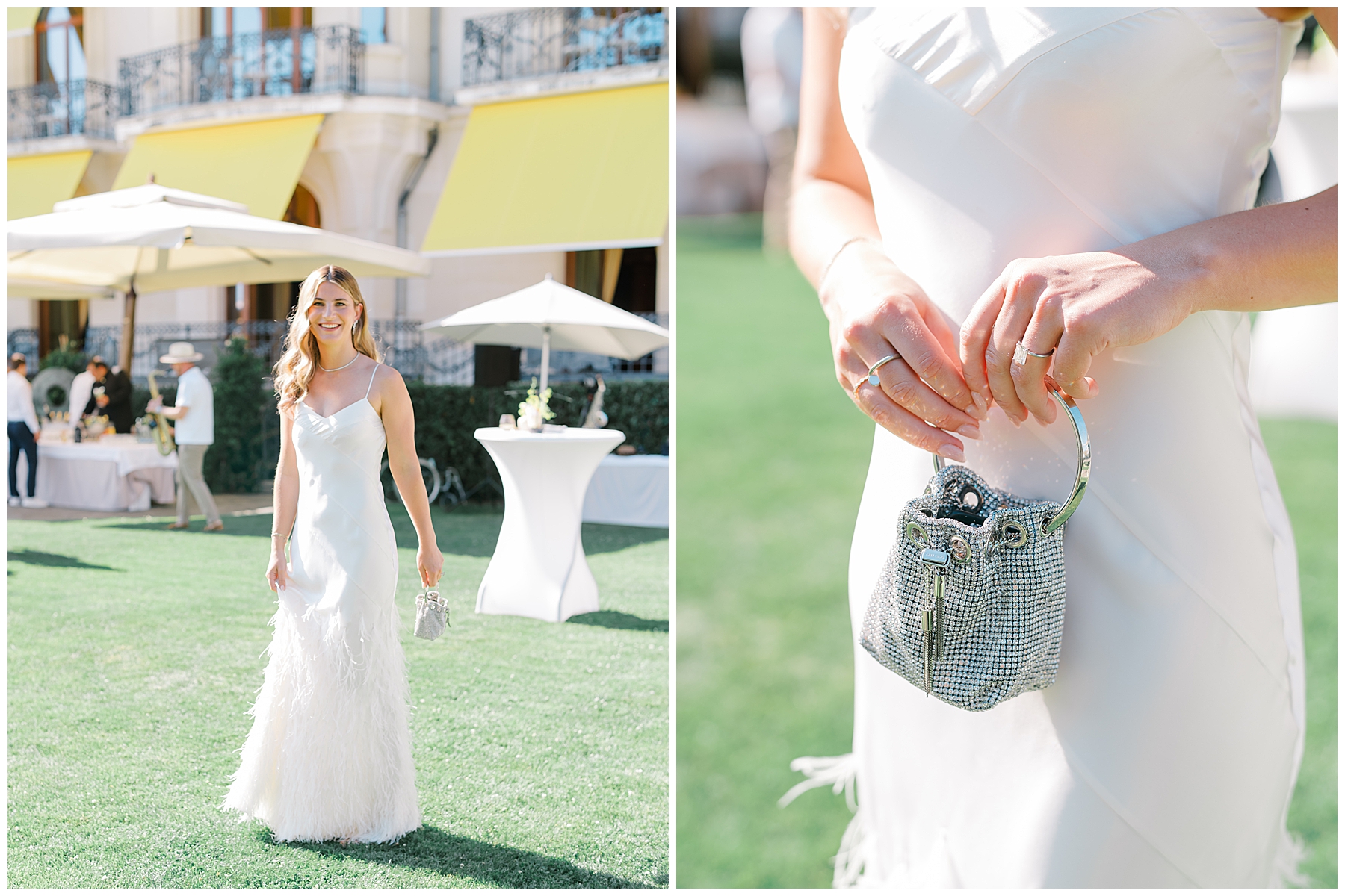 bride to be in white dress with fringe details for rehearsal dinner 