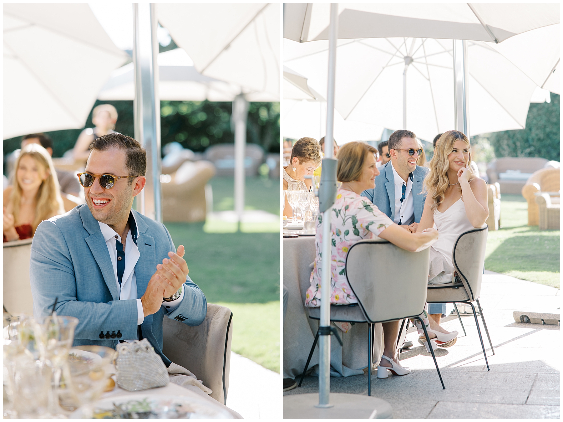 bride and groom listen to speeches at rehearsal dinner 