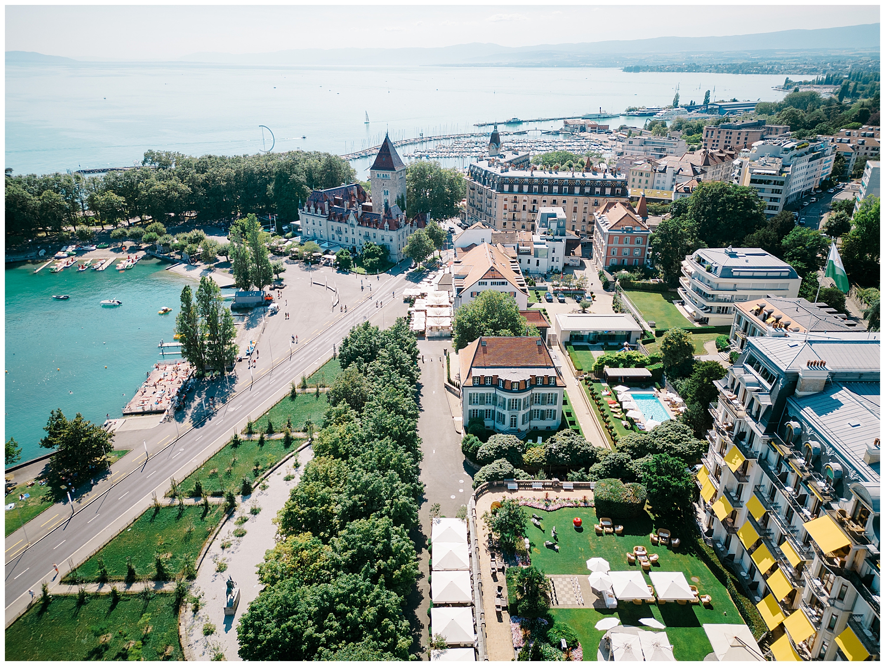 aerial view of Rehearsal Dinner at Beau-Rivage Palace in Lausanne, Switzerland