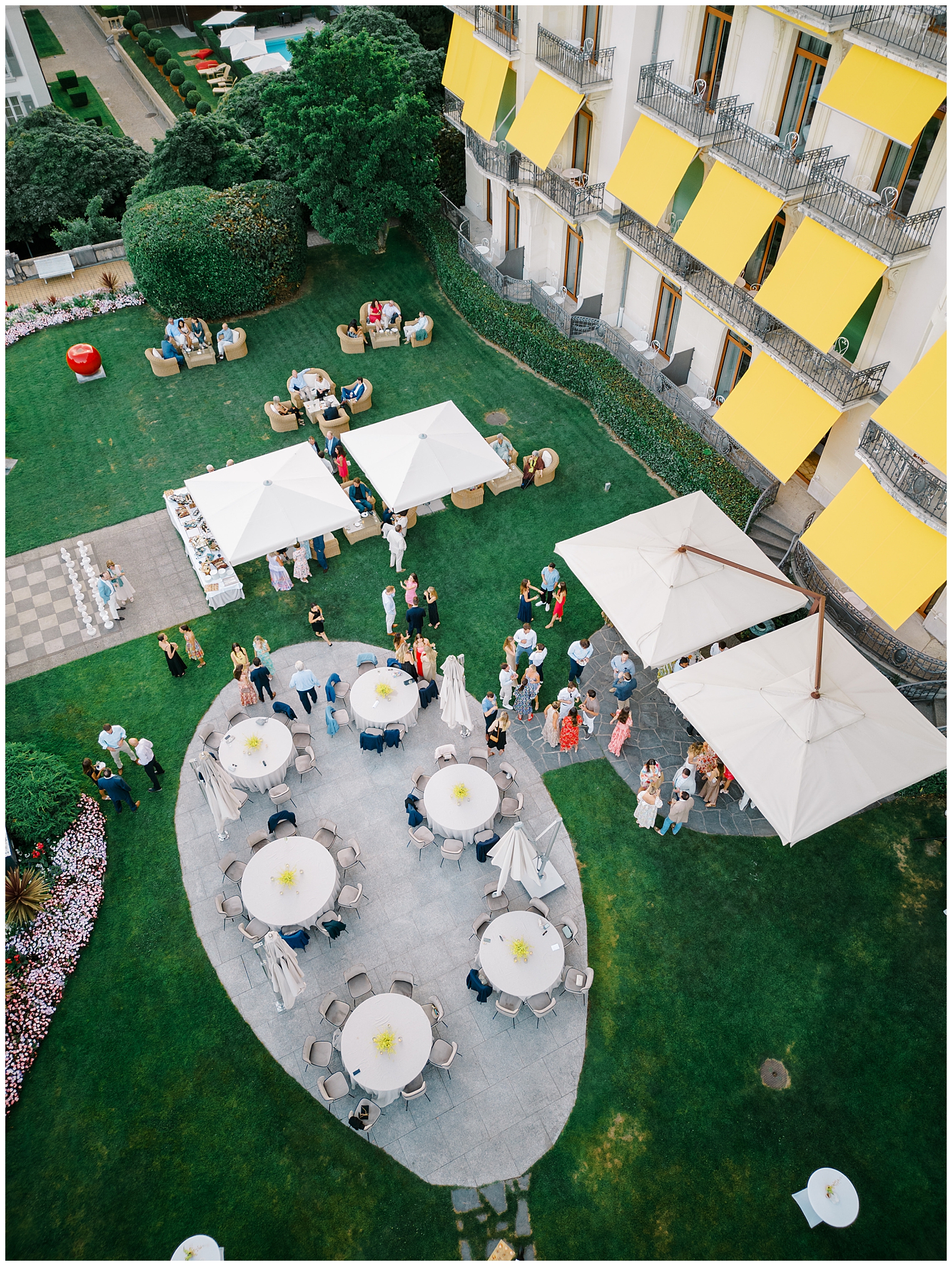 aerial views of Rehearsal Dinner at Beau-Rivage Palace in Lausanne, Switzerland