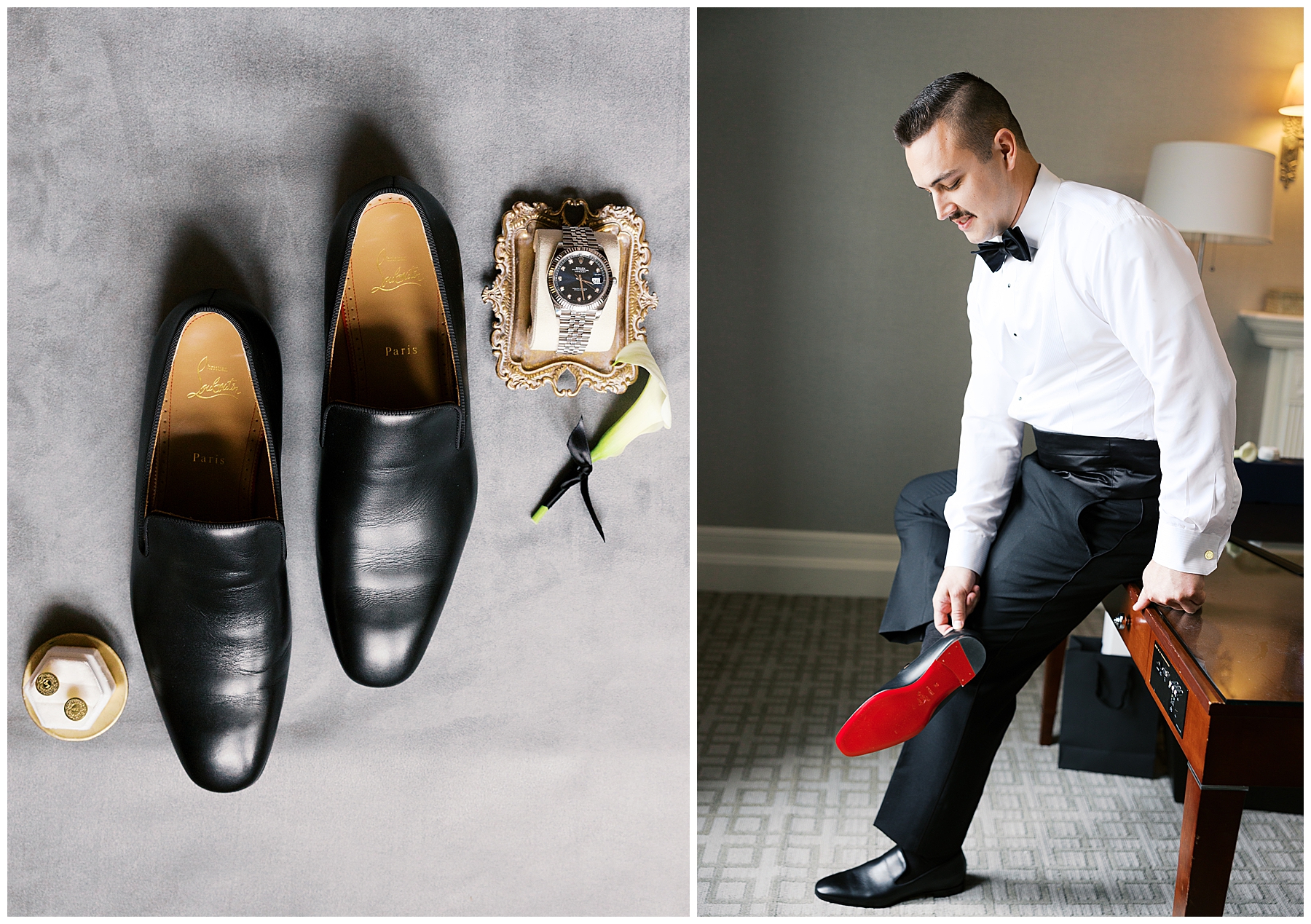 groom putting shoes on 
