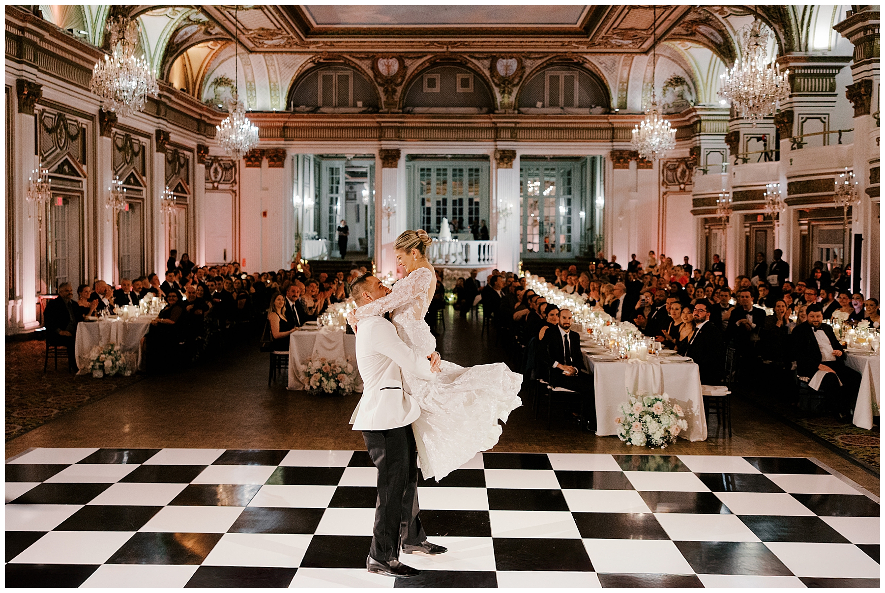romantic dance floor portraits of bride and groom