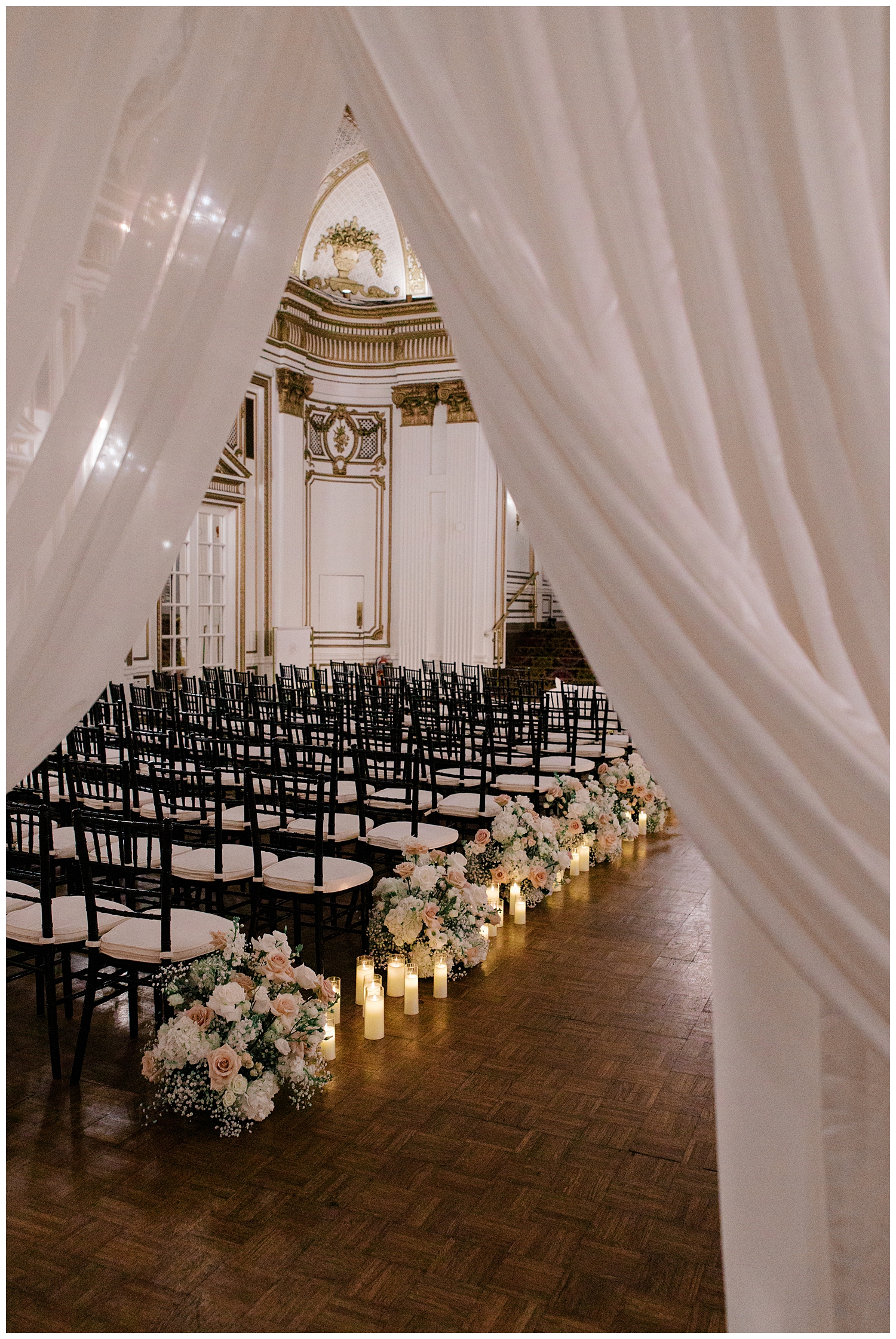 elegant drapery and florals from Boston wedding ceremony 