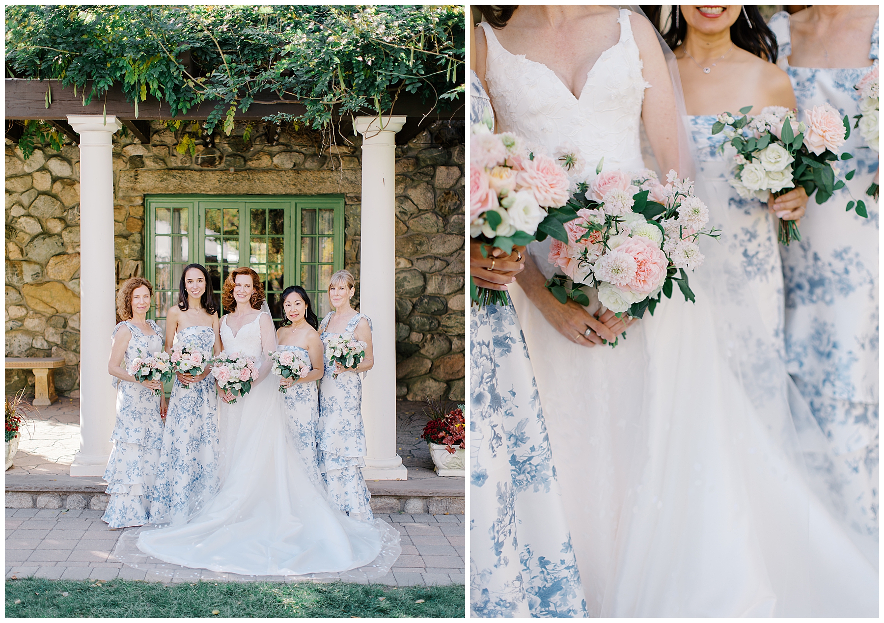 bride with bridesmaids in white dress withs soft blue flowers