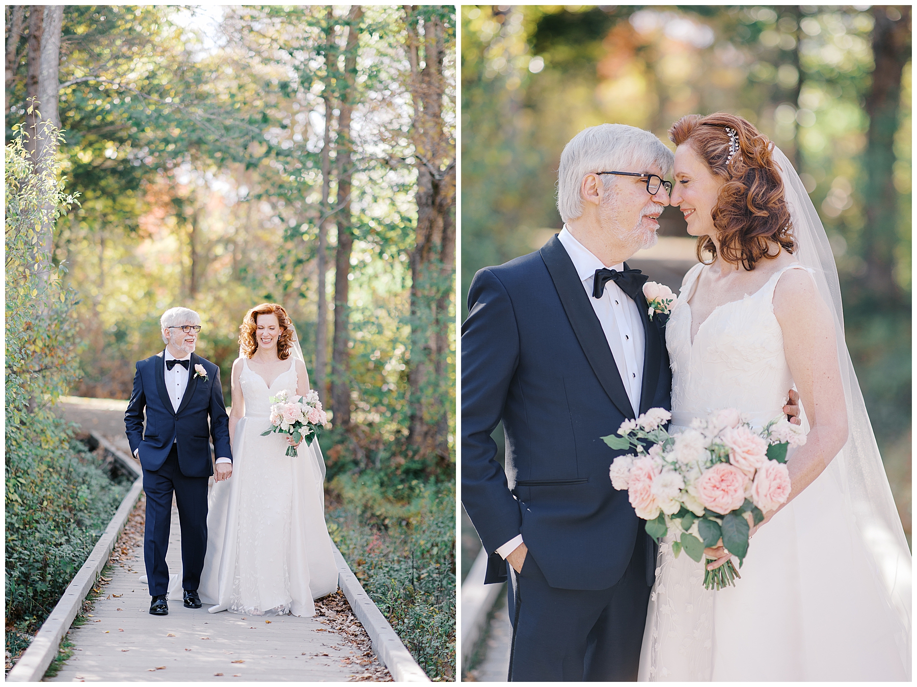 bride and groom photos on woodland boardwalk at Willowdale Estate