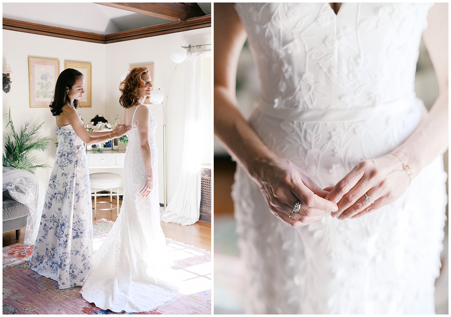 bride getting into Wedding dress