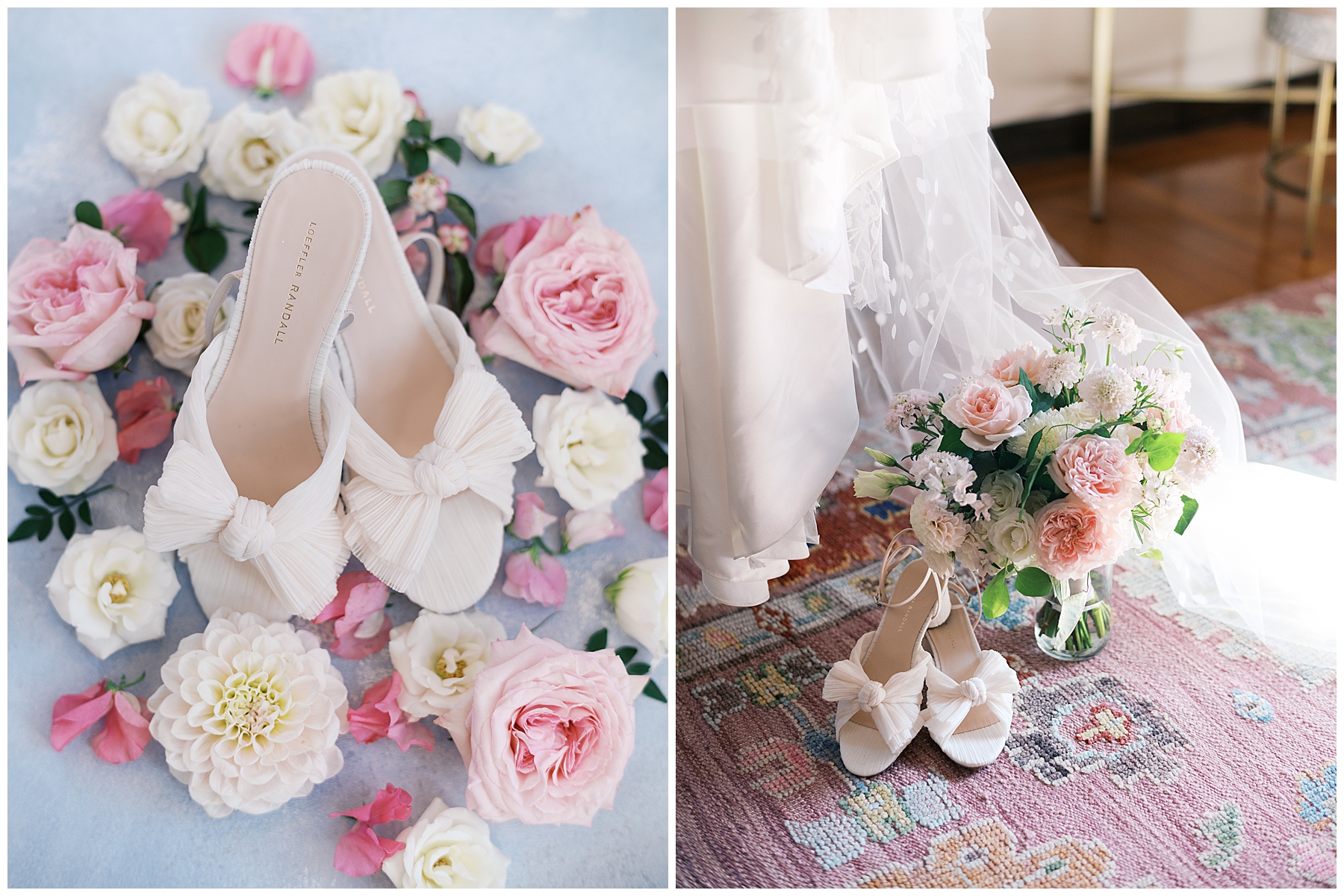 bridal shoes surrounded by soft florals and wedding dress