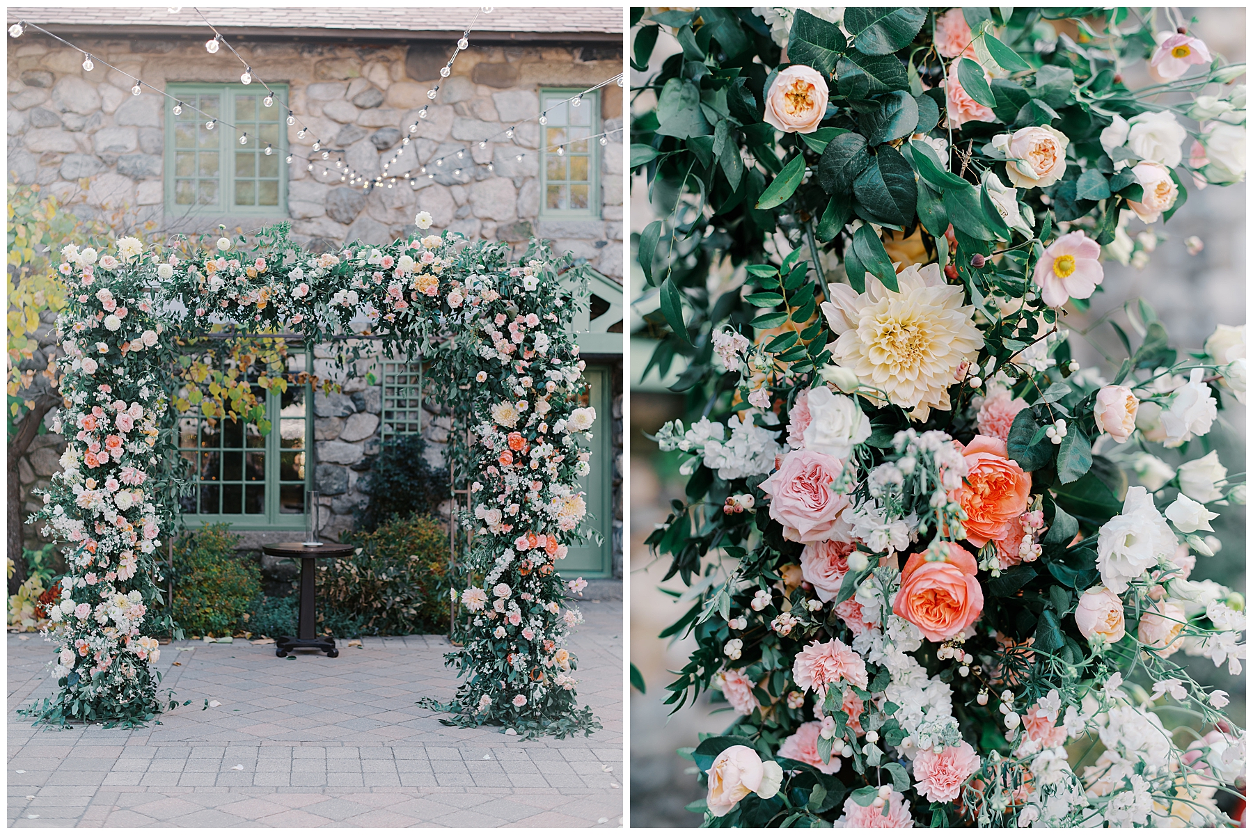 soft florals decorate wedding arch from Romantic Willowdale Estate Wedding |