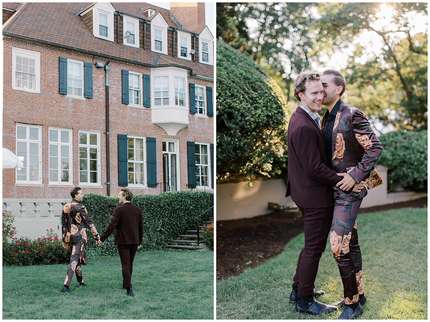 newlyweds walk together holding hands on front lawn of Intimate Misselwood Events